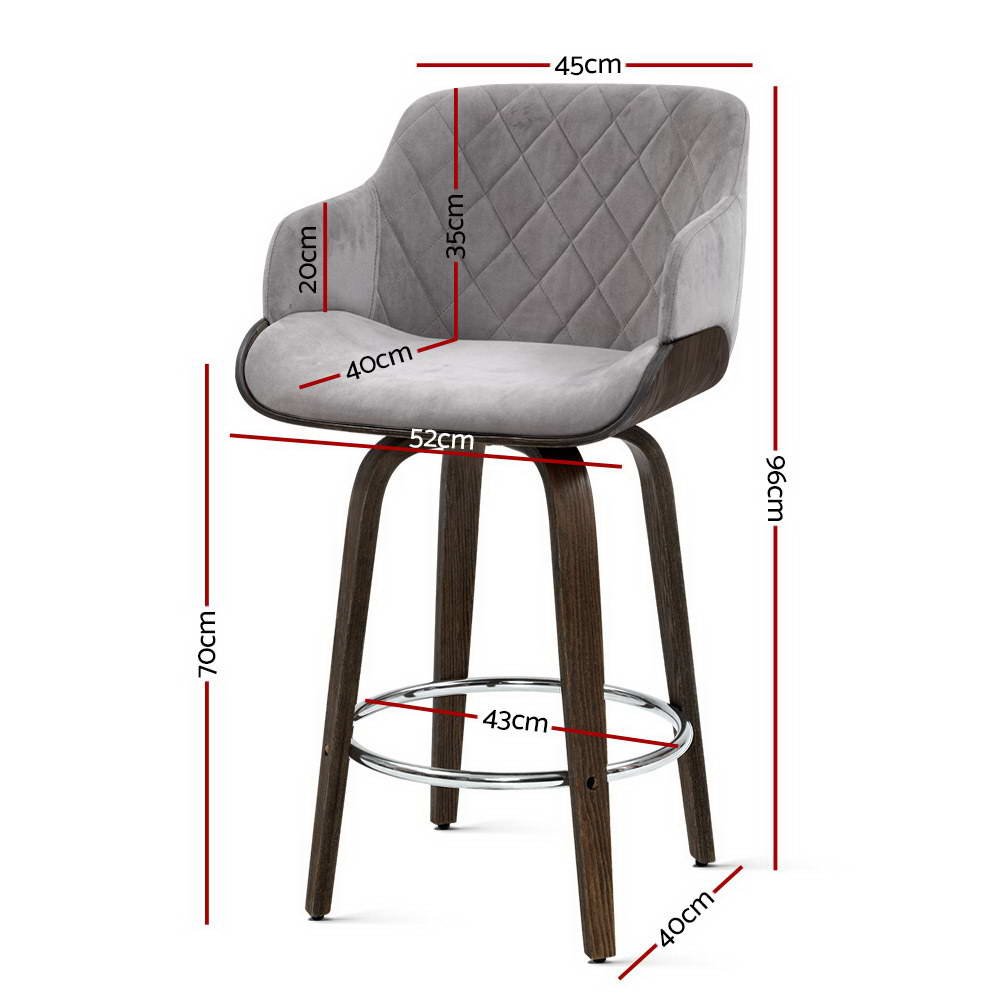 Remi Timber Frame Velvet Padded Swivel Bar Stools 70cm Grey (Set of 2) - Barstool Express