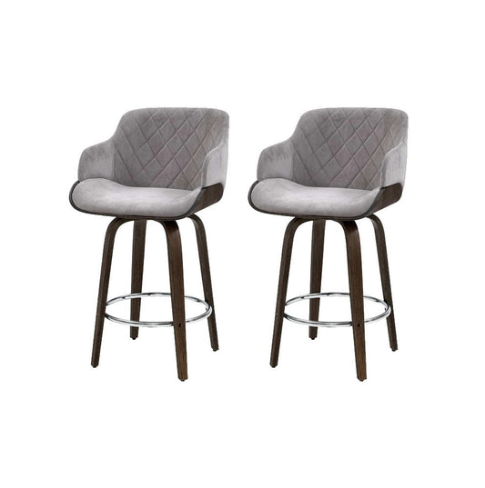 Remi Timber Frame Velvet Padded Swivel Bar Stools 70cm Grey (Set of 2) - Barstool Express