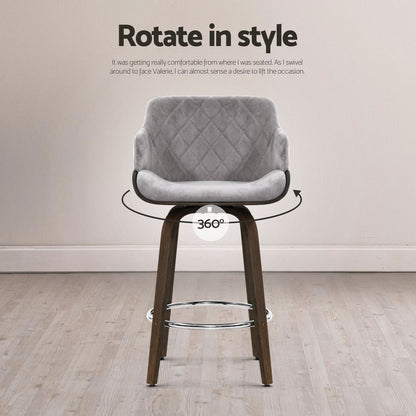 Remi Timber Frame Velvet Padded Swivel Bar Stools 70cm Grey (Set of 4) - Barstool Express