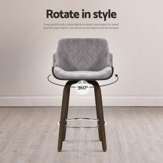 Remi Timber Frame Velvet Padded Swivel Bar Stools 70cm Grey (Set of 4) - Barstool Express