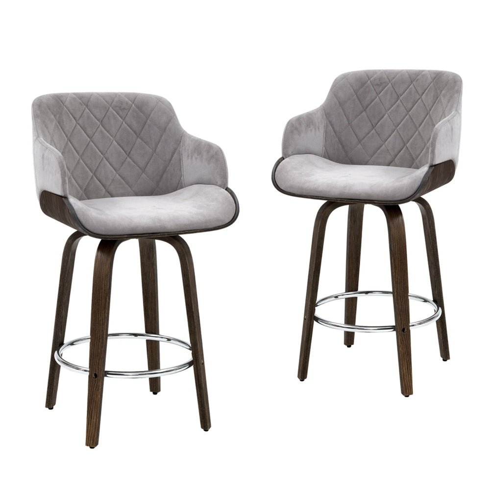 Remi Timber Frame Velvet Padded Swivel Bar Stools 70cm Grey (Set of 4) - Barstool Express