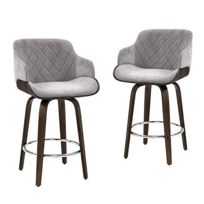 Remi Timber Frame Velvet Padded Swivel Bar Stools 70cm Grey (Set of 4) - Barstool Express