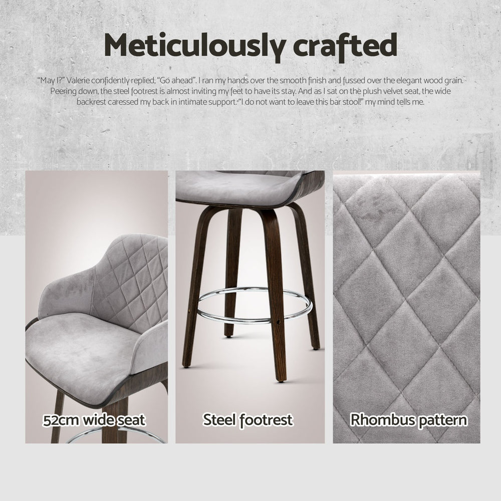 Remi Timber Frame Velvet Padded Swivel Bar Stools 70cm Grey (Set of 4) - Barstool Express