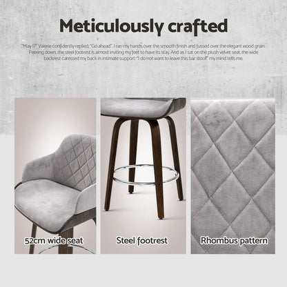 Remi Timber Frame Velvet Padded Swivel Bar Stools 70cm Grey (Set of 4) - Barstool Express