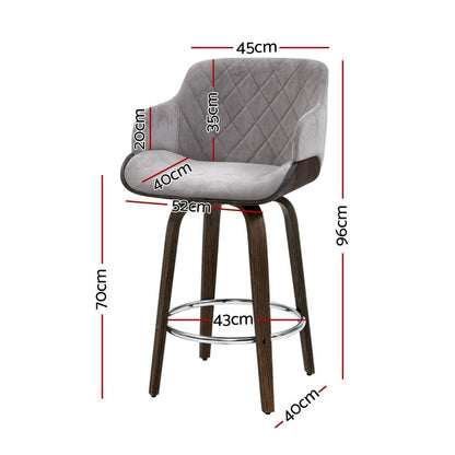 Remi Timber Frame Velvet Padded Swivel Bar Stools 70cm Grey (Set of 4) - Barstool Express