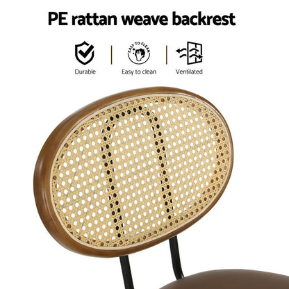 Close-up of a chair backrest made of oval woven rattan cane with a brown wooden frame, shown on a white background with text highlighting durable, easy to clean, and ventilated features.