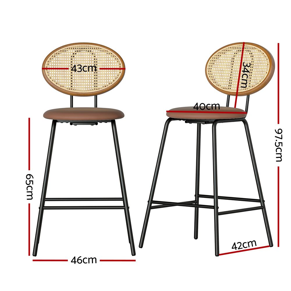 Two bar stools with wicker backrests and brown leather seats, shown with dimensions on a white background.