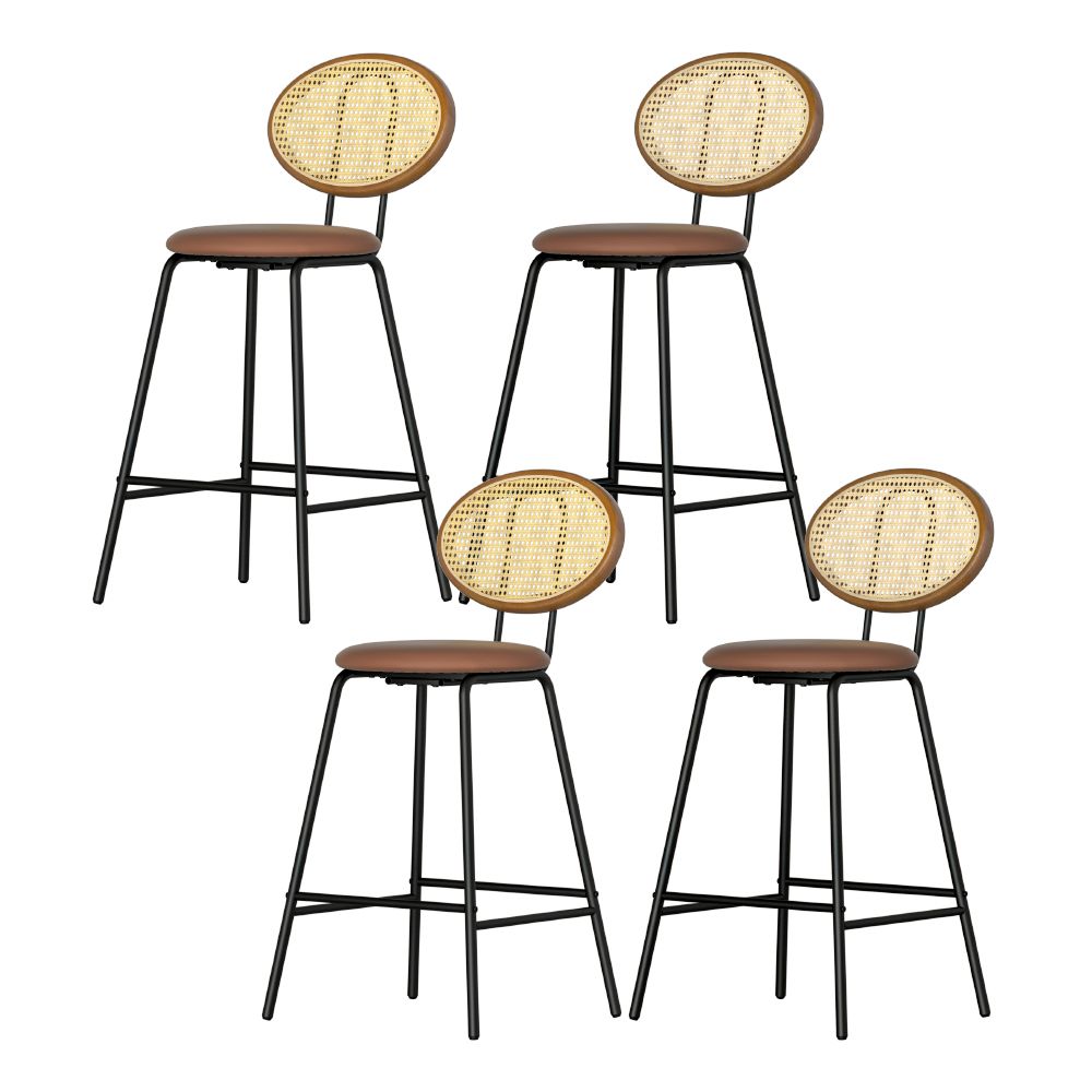 Four bar stools with wicker backrests and brown leather seats on a white background