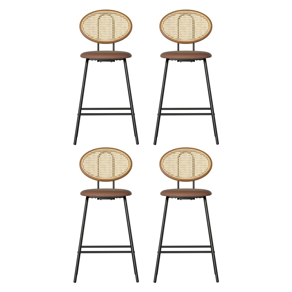 Four matching bar stools arranged in a 2x2 grid on a plain white background. Each stool has a round woven rattan backrest, a brown upholstered seat, and a black metal frame with leg supports.