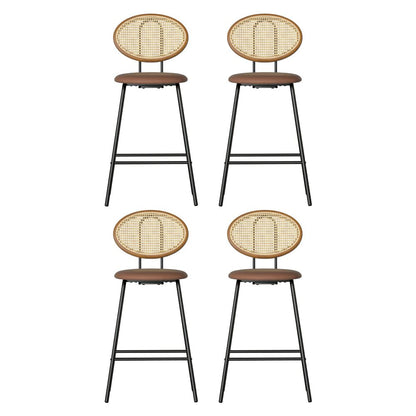 Four matching bar stools arranged in a 2x2 grid on a plain white background. Each stool has a round woven rattan backrest, a brown upholstered seat, and a black metal frame with leg supports.