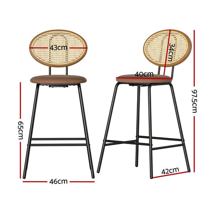 Two bar stools with wicker backrests and leather seats, shown with dimensions on a white background.