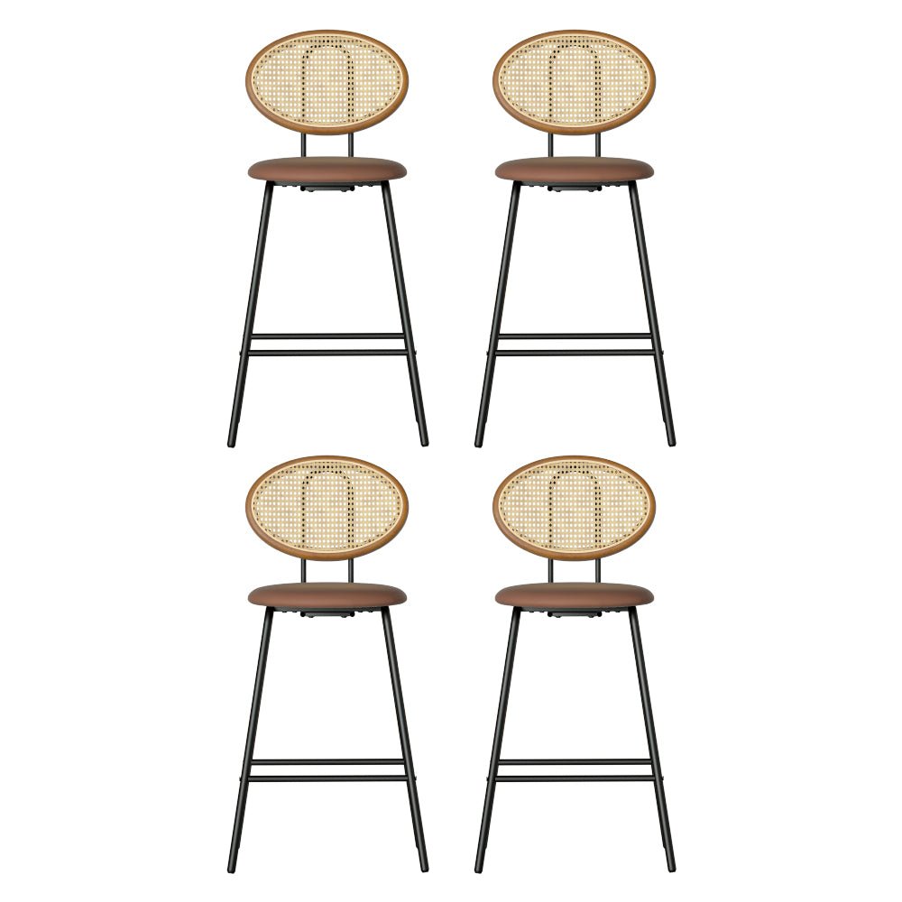 Rune Rattan Leather Bar Stools 65cm Brown (Set of 4) - Barstool Express