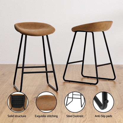 Sadie Leather Padded Bar Stools 65cm Brown (Set of 2) - Barstool Express