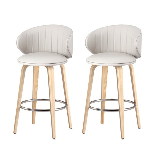 Sara Leather Timber Bar Stools 65cm Beige (Set of 2) - Barstool Express