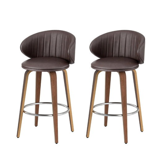 Sara Leather Timber Bar Stools 65cm Brown (Set of 2) - Barstool Express