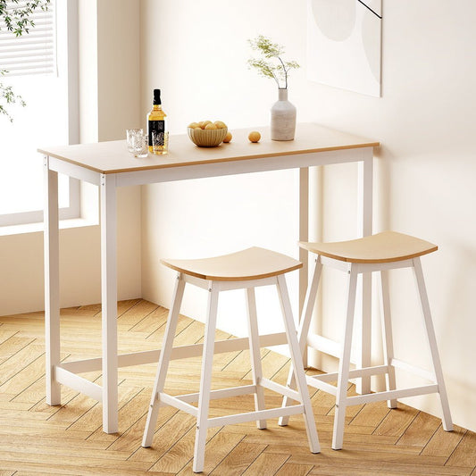 Skye Bar Table and Saddle Stools Set White & Pine (3 Piece) - Barstool Express