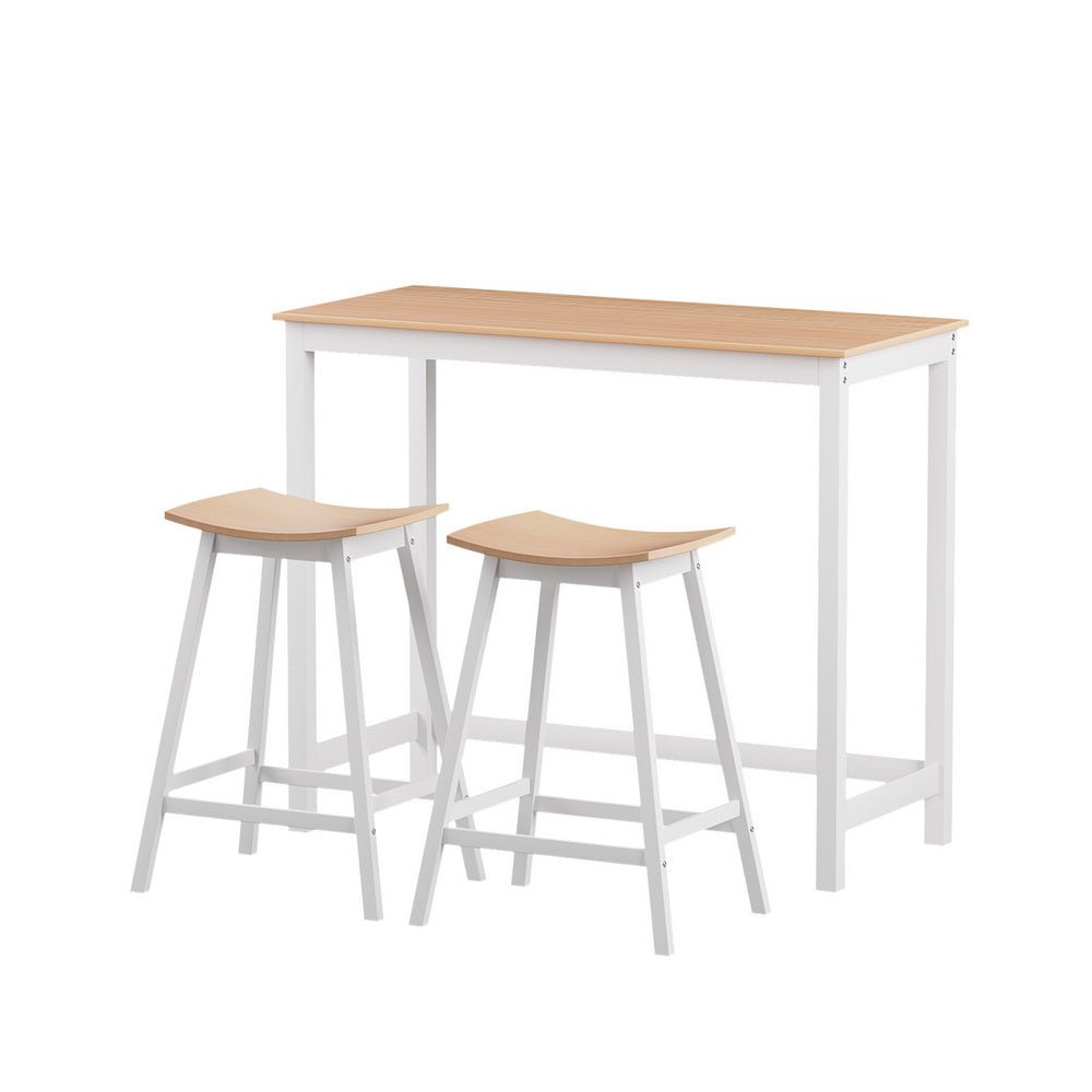 Skye Bar Table and Saddle Stools Set White & Pine (3 Piece) - Barstool Express