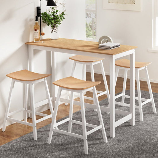 Skye Bar Table and Saddle Stools Set White & Pine (5 Piece) - Barstool Express