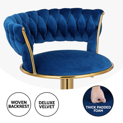 Sola navy blue velvet bar stool with deep tufted backrest, thick padded seat and gold-tone frame.