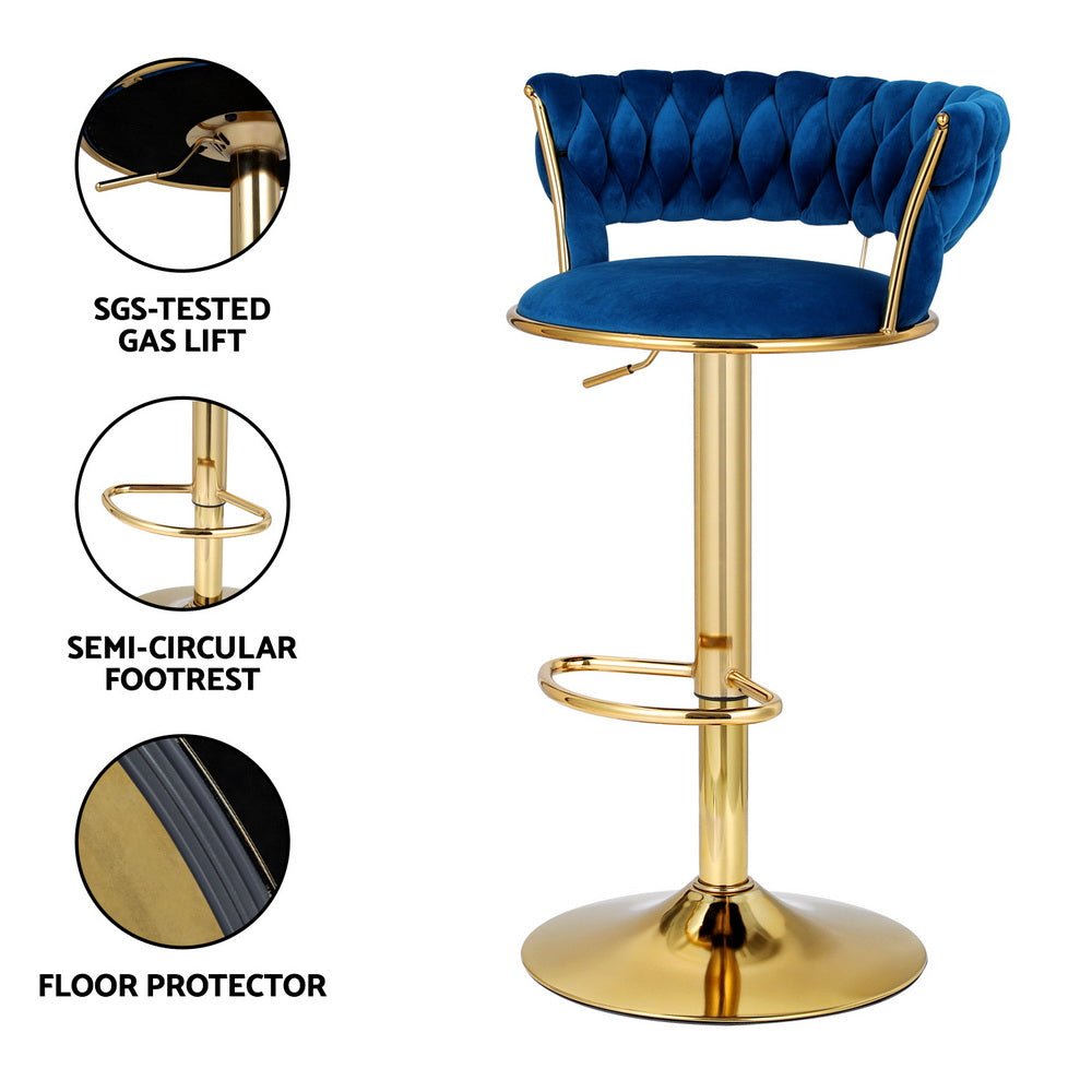 Sola navy blue velvet adjustable bar stool with gold gas-lift base, semi-circular footrest and floor protector.