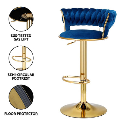 Sola navy blue velvet adjustable bar stool with gold gas-lift base, semi-circular footrest and floor protector.