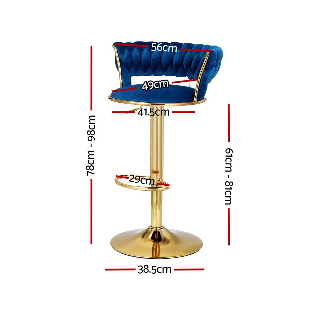 Sola navy blue velvet adjustable bar stool with gold base and labelled product dimensions.