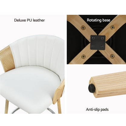 White chair with wooden accents, featuring deluxe PU leather, rotating base, and anti-slip pads.