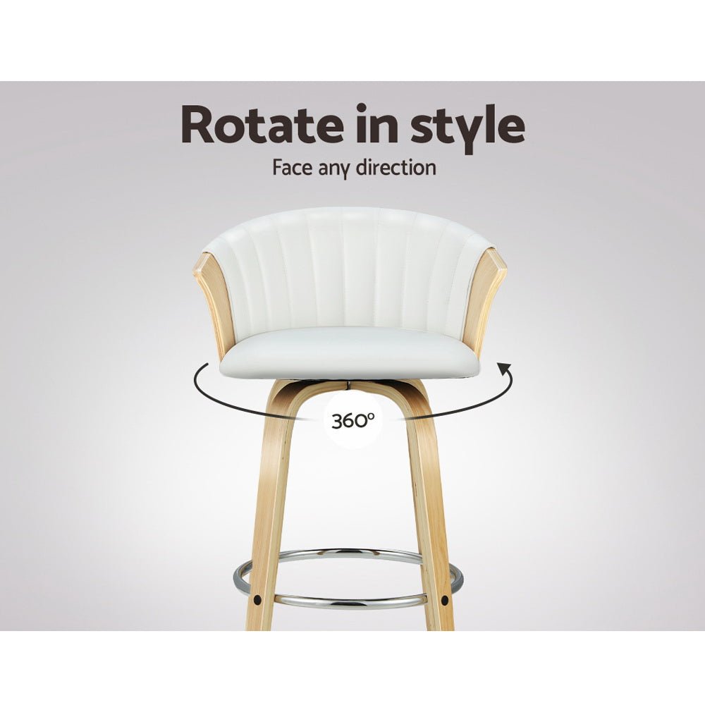 White bar stool with wooden legs on a grey background, featuring text 'Rotate in style' and 'Face any direction'.