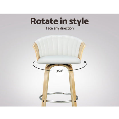White bar stool with wooden legs on a grey background, featuring text 'Rotate in style' and 'Face any direction'.