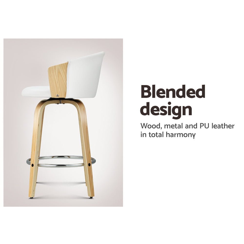 Modern bar stool with wooden legs and white seat on a light gray background, text 'Blended design' and product description.
