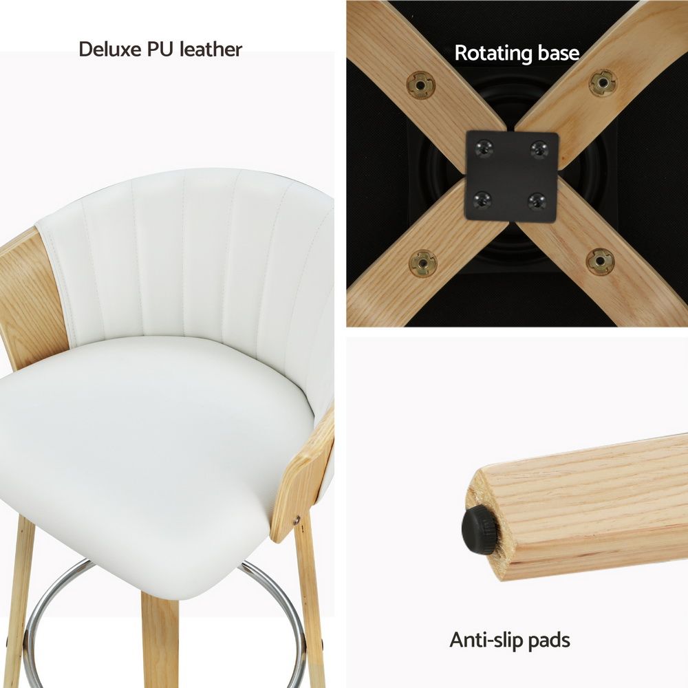White chair with wooden frame and metal legs, featuring deluxe PU leather, rotating base, and anti-slip pads.