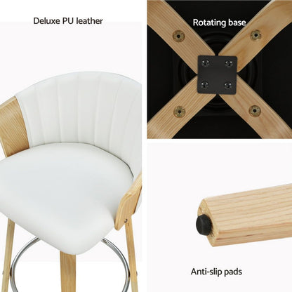 White chair with wooden frame and metal legs, featuring deluxe PU leather, rotating base, and anti-slip pads.