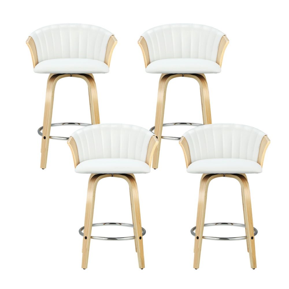 Four white bar stools with wooden legs on a white background