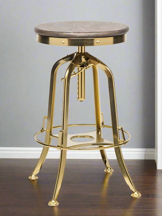 Taj Adjustable Swivel Bar Stool – Gold Base & Oak Wood - Barstool Express