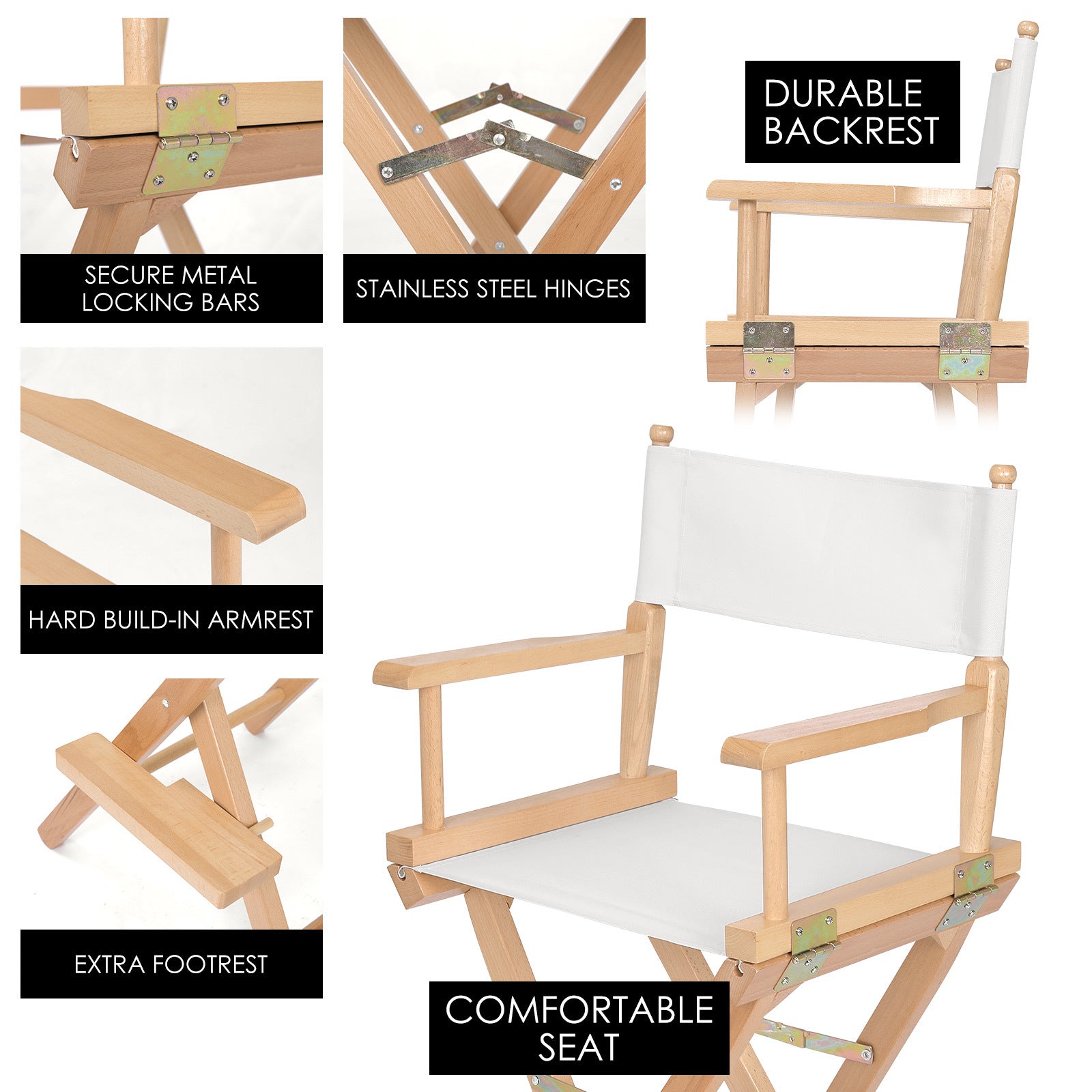 Tall Director Folding Chair 76cm Beechwood Natural - Barstool Express