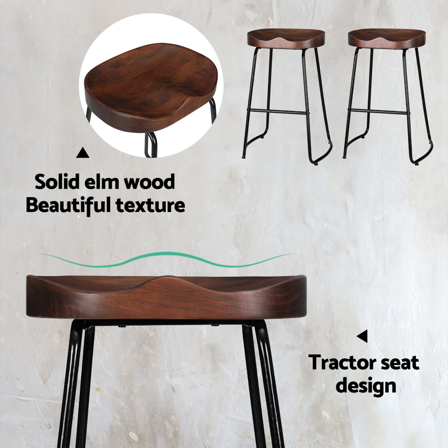 Thor Timber Tractor Seat Bar Stools 65cm Dark Wood (Set of 2) - Barstool Express