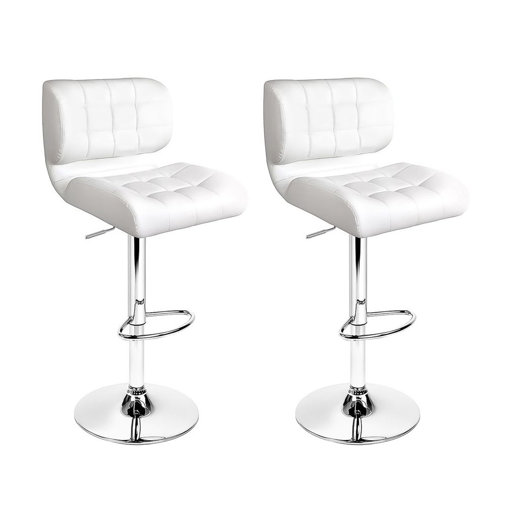 Two white bar stools with chrome legs on a white background