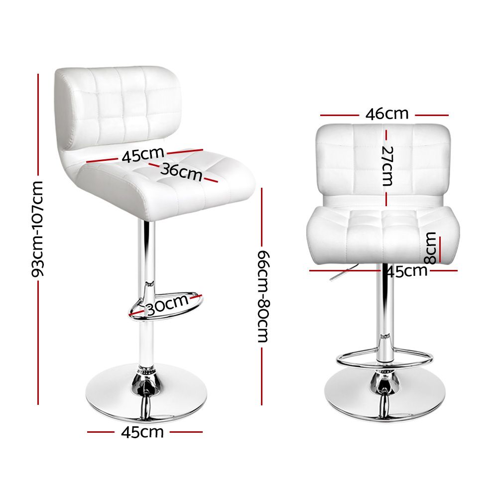 White bar stools with dimensions labeled on a white background