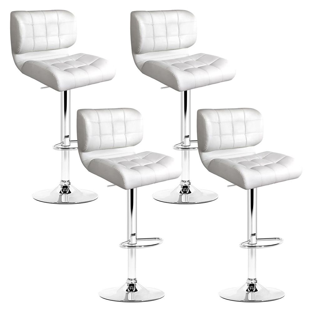 Four white bar stools with quilted seats on a white background