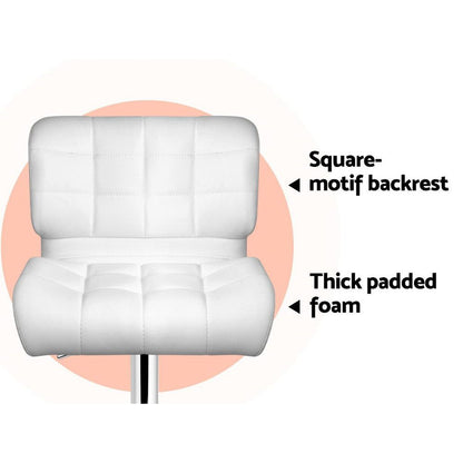 White leather bar stool seat with square motif backrest and thick padded foam on a white background