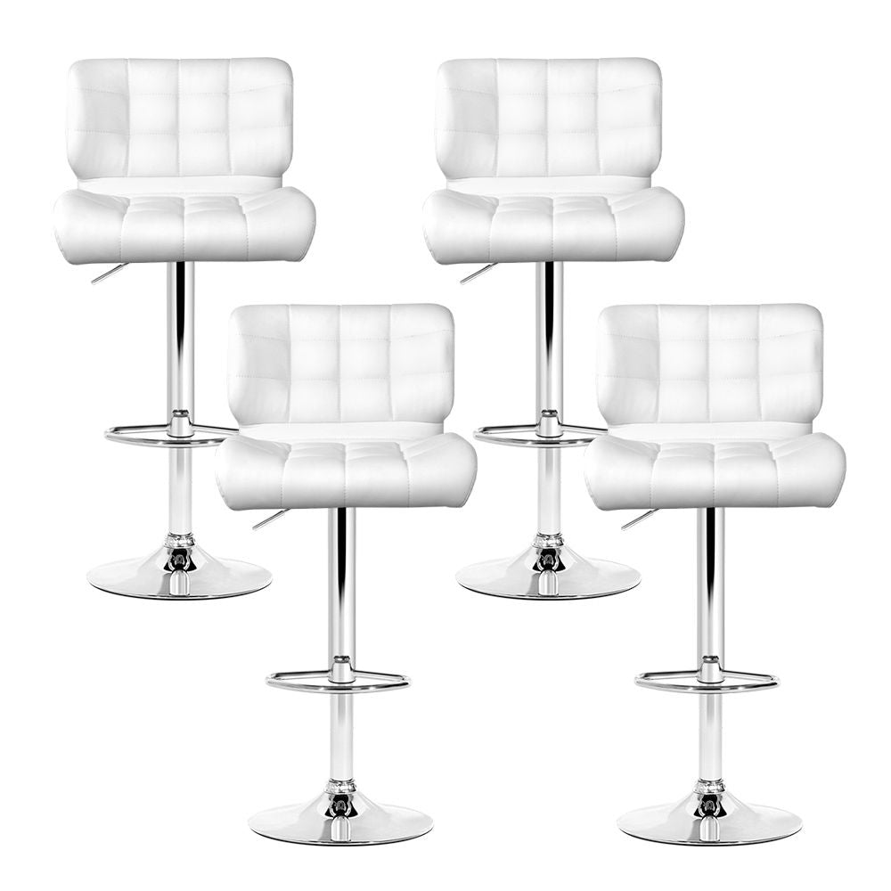 Four white bar stools with chrome bases on a white background