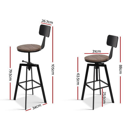 Zane Industrial Adjustable Bar Stool w/backrest Elm Wood - Barstool Express