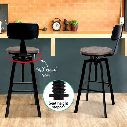 Zane Industrial Adjustable Bar Stools w/backrest Elm Wood (Set of 2) - Barstool Express