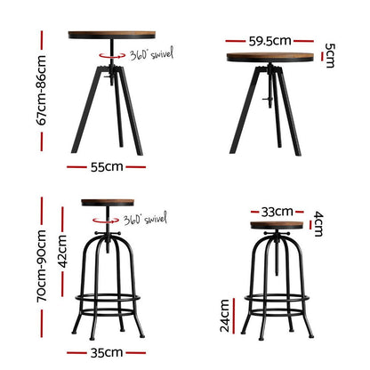 Zane Industrial Adjustable Bar Table and Stools Set Elm Wood (3 Piece) - Barstool Express