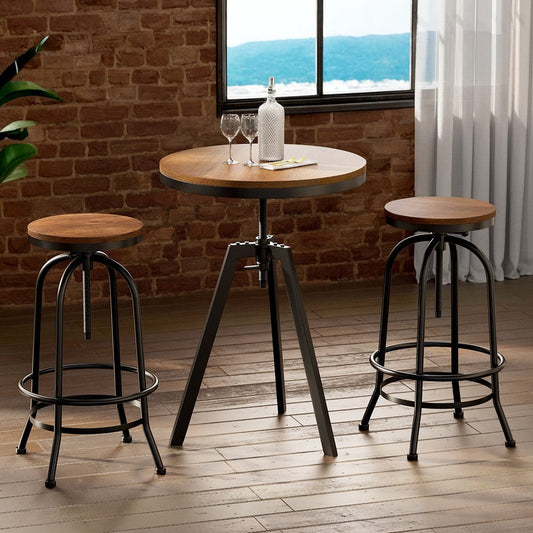 Zane Industrial Adjustable Bar Table and Stools Set Elm Wood (3 Piece) - Barstool Express
