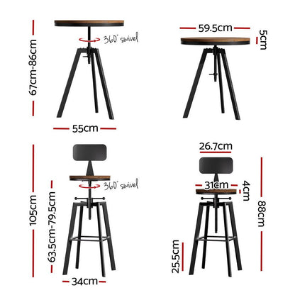 Zane Industrial Adjustable Bar Table and Stools Set w/Backrest Elm Wood (3 Piece) - Barstool Express