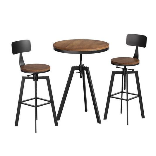 Zane Industrial Adjustable Bar Table and Stools Set w/Backrest Elm Wood (3 Piece) - Barstool Express