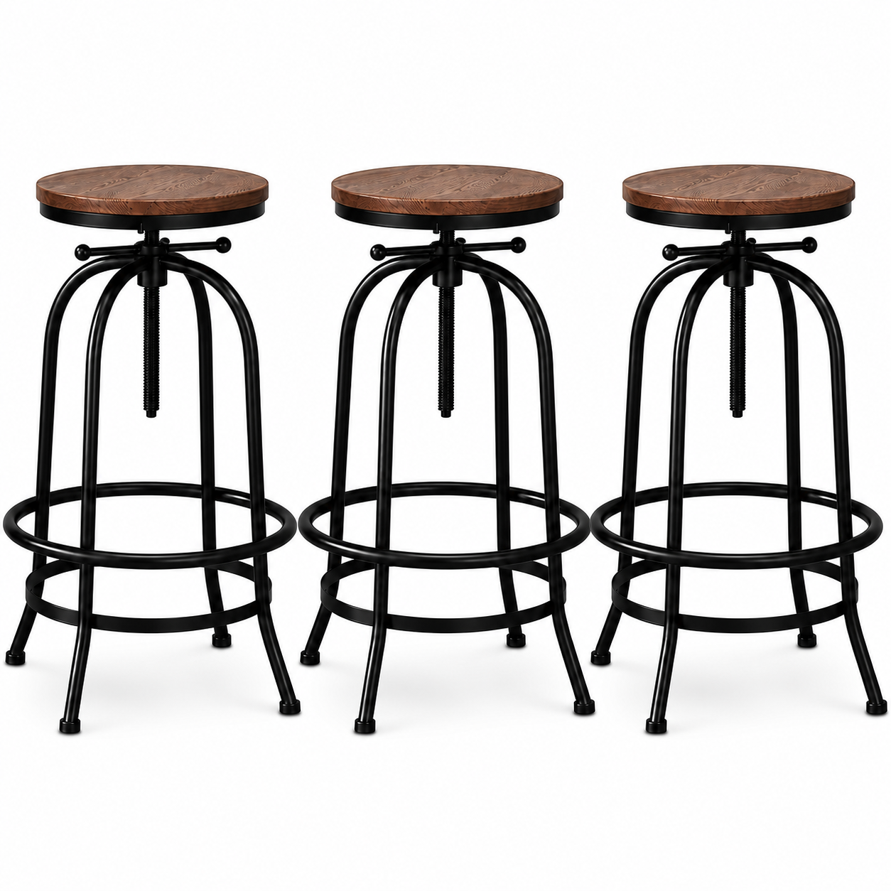 Set of 3 Zane Industrial Timber Bar Stools with timber seat and steel black frame