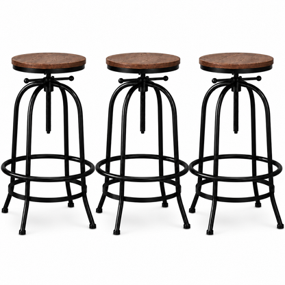 Set of 3 Zane Industrial Timber Bar Stools with timber seat and steel black frame