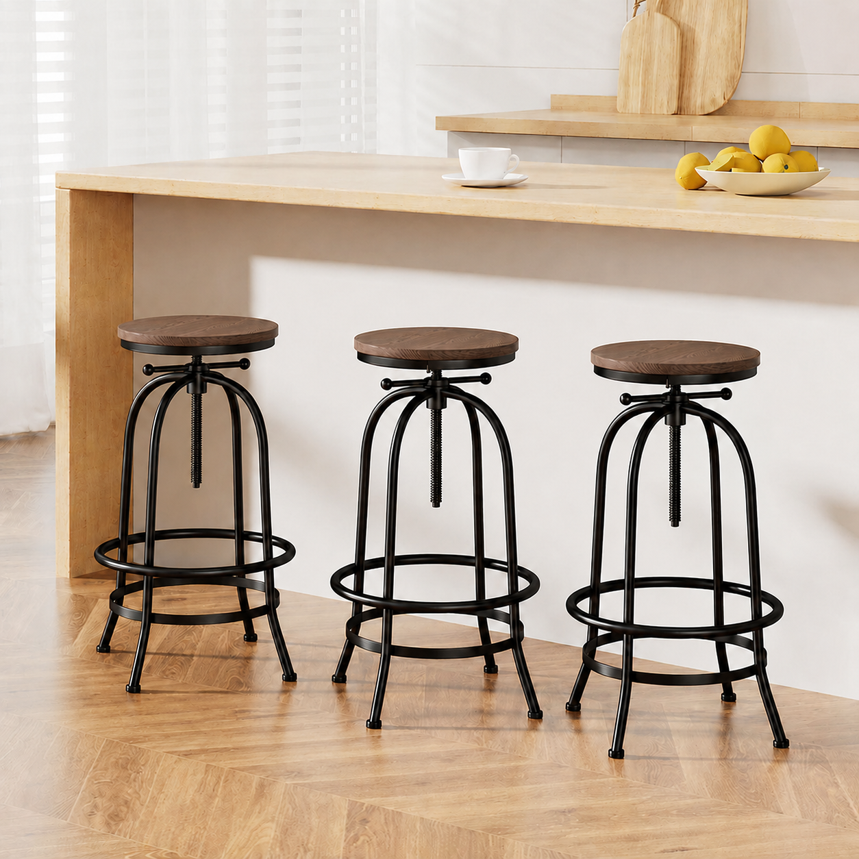 Set of 3 Zane Industrial Timber Bar Stools at a bright kitchen bench with timber floors